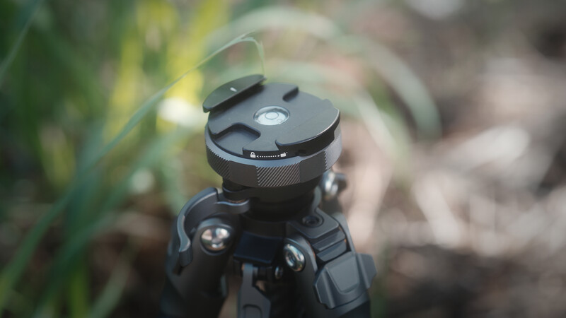 Ball head tripod mount with panoramic capability and spirit level, shown in sharp focus against blurred natural background.