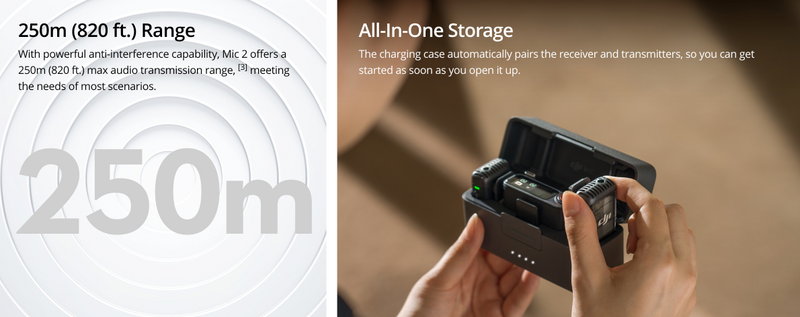 Wireless microphone receiver and transmitter units stored together in a compact charging case held in someone's hands.