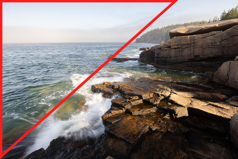 Rocky coastline with crashing waves and forested cliffs under overcast sky.