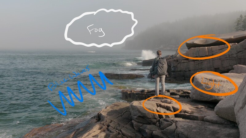 Person standing on rocky coastal outcrops with annotated overlay showing composition analysis and editing marks.