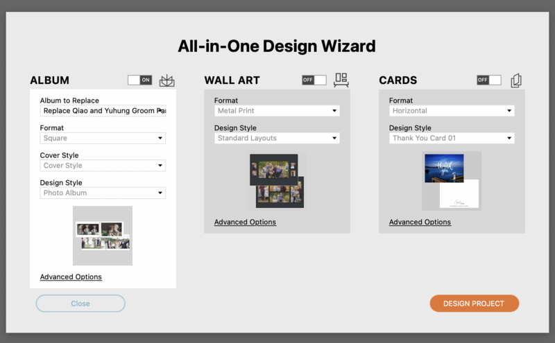 Screenshot of All-in-One Design Wizard interface showing album, wall art, and cards customization options.