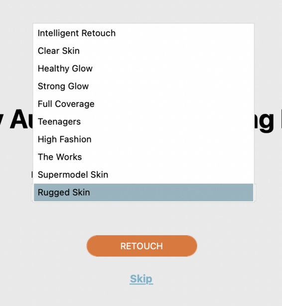 Screenshot of a photo editing app's filter menu with various skin retouching options, including Rugged Skin selected.