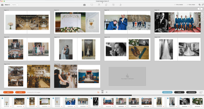 Screenshot of photo management software displaying grid of wedding and portrait photography galleries.