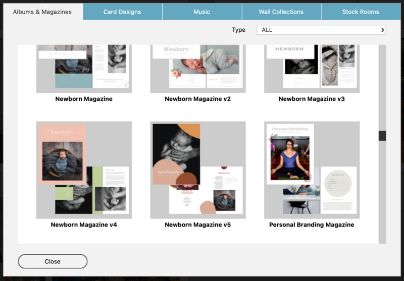 Screenshot of a digital portfolio or template gallery displaying six magazine layout designs.