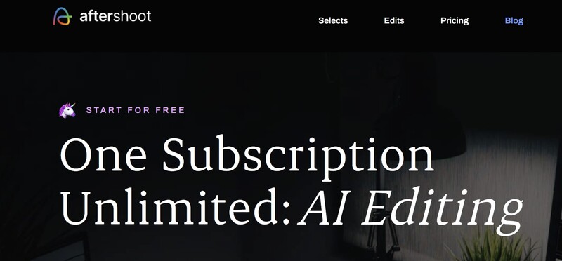 Screenshot of Aftershoot website header displaying "One Subscription Unlimited: AI Editing" with navigation menu and start for free button.