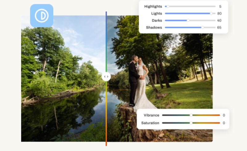 Screenshot showing a split-screen photo editing interface with a wedding couple by a river and editing controls displaying highlights, lights, darks, shadows, vibrance, and saturation sliders.