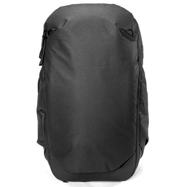 Black hiking backpack with rounded top and side compression straps displayed against white background.