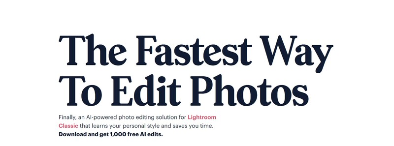 Promotional graphic advertising AI-powered photo editing software for Lightroom Classic.