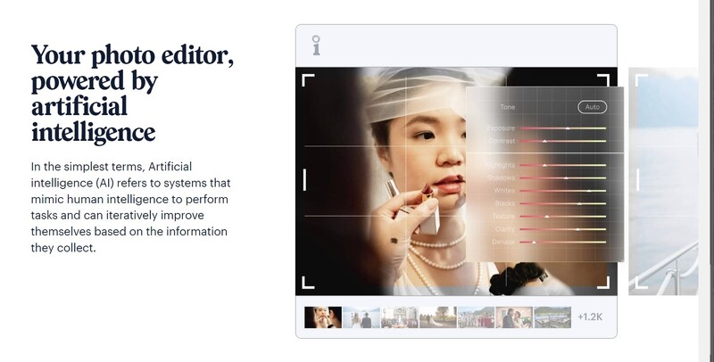 Screenshot of an AI-powered photo editing interface with portrait of a woman and adjustment controls.