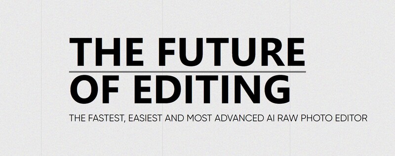 Typography graphic with bold text reading 'THE FUTURE OF EDITING' and a subtitle about AI photo editing software.