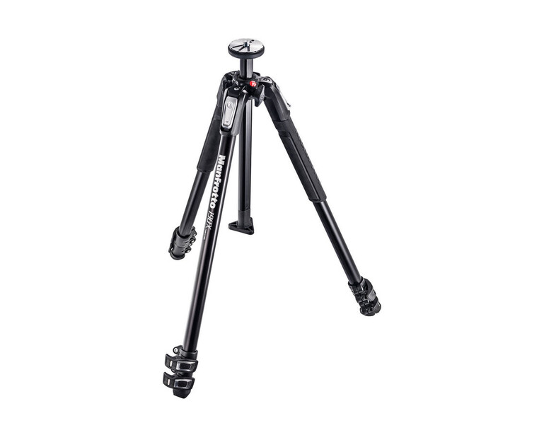 Professional three-leg camera tripod with extended legs and ball head mount against white background.
