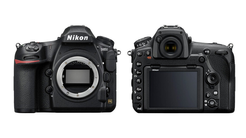 Front and rear views of Nikon D850 DSLR camera body showing mirror and LCD screen.