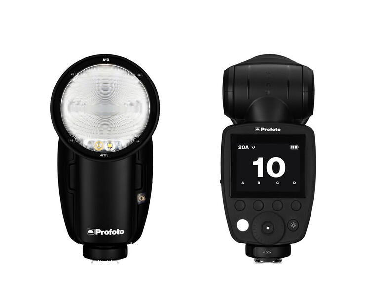 Front and rear views of a Profoto flash unit with dome diffuser and control panel display.