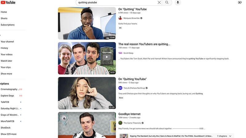 Screenshot of YouTube search results showing multiple videos about content creators quitting the platform.