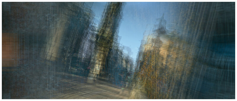 Multiple exposure of tall buildings along an urban street with layered, blurred architectural forms.