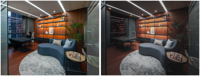 Before and after lighting comparison of a modern office lounge with curved seating and wooden shelving.