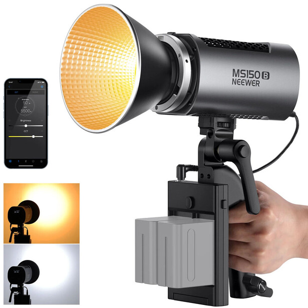 Neewer MS1500B LED monolight with reflector and wireless remote, shown with color temperature comparison.