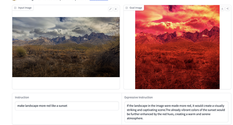 Desert landscape with mountains under cloudy sky, rendered in warm red and orange tones.