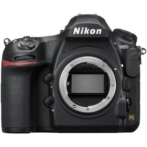 Nikon D850 DSLR camera body shown from the front with the lens mount exposed.