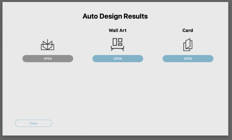Screenshot of auto design results interface showing three customizable product options with open buttons.