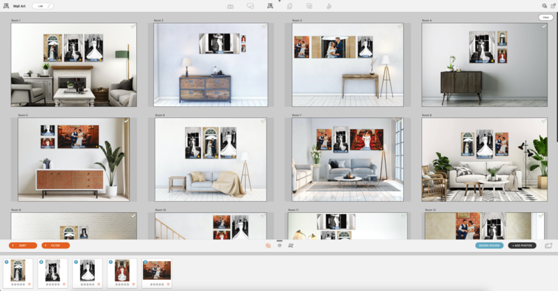 Screenshot of a mood board design tool displaying multiple interior design layouts with gallery wall photo arrangements.