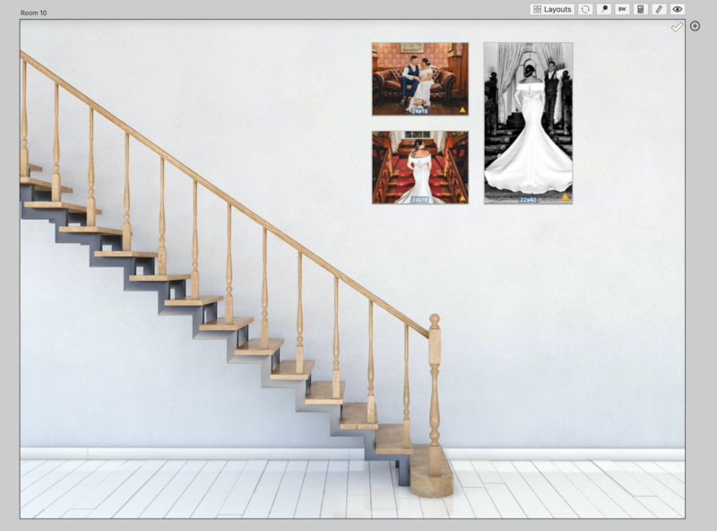 Screenshot of interior design software showing a wooden staircase with three wedding photos displayed on the wall above.