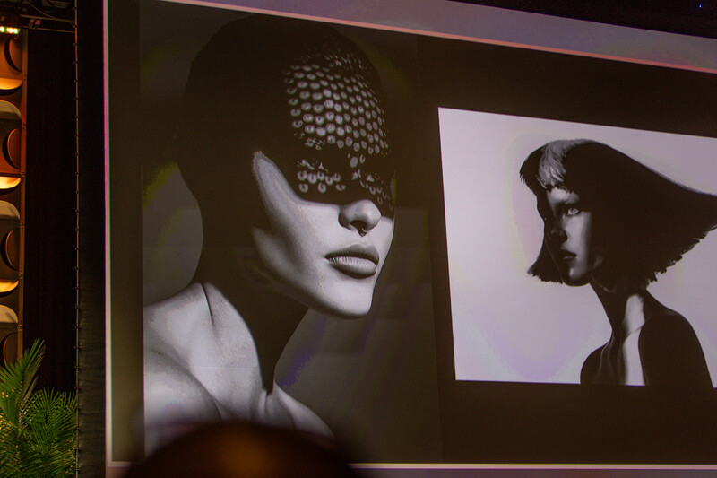Two black and white portrait photographs displayed on a gallery wall, featuring dramatic lighting and geometric styling.