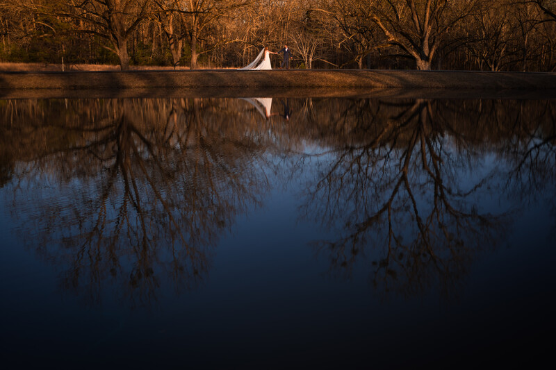 Still water reflects bare trees and a distant white sailboat at golden hour.