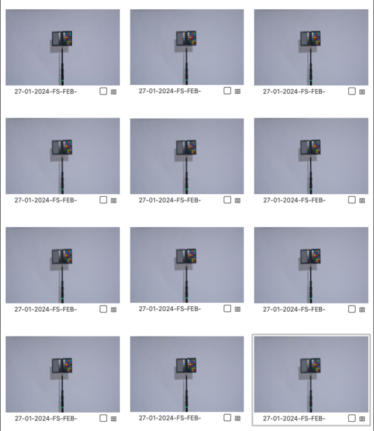 Grid of 12 product photography test shots showing a small black microphone mounted on a stand against neutral gray backgrounds.
