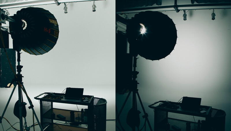 Side-by-side comparison of studio lighting setup showing a parabolic reflector with different diffusion effects on a workspace.