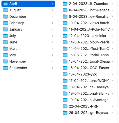 Screenshot of a file management interface showing a list of months and dated file entries with timestamps.