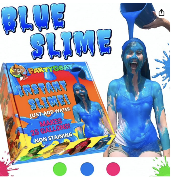 Graphic composition showing blue slime product packaging, application demonstration, and color swatches.