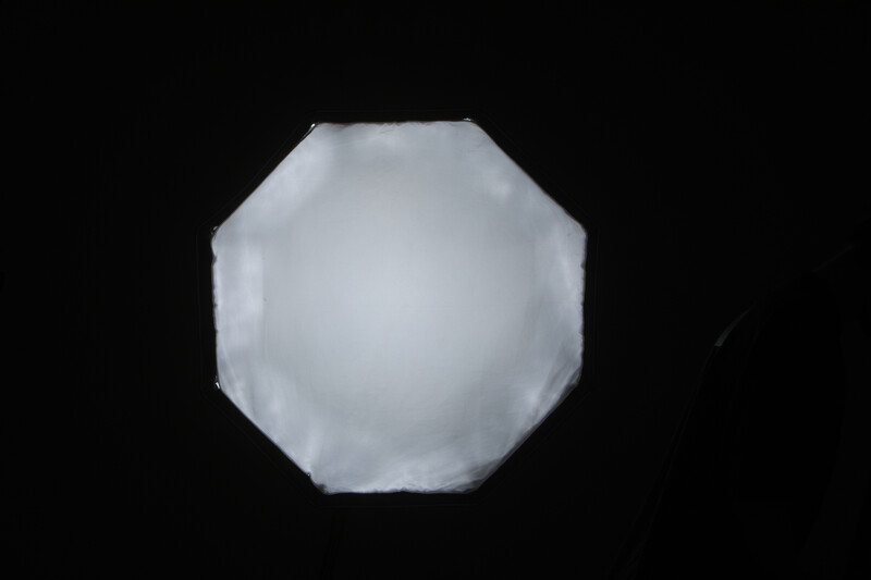 Translucent white octagonal crystal or glass form with soft diffused lighting against a black background.