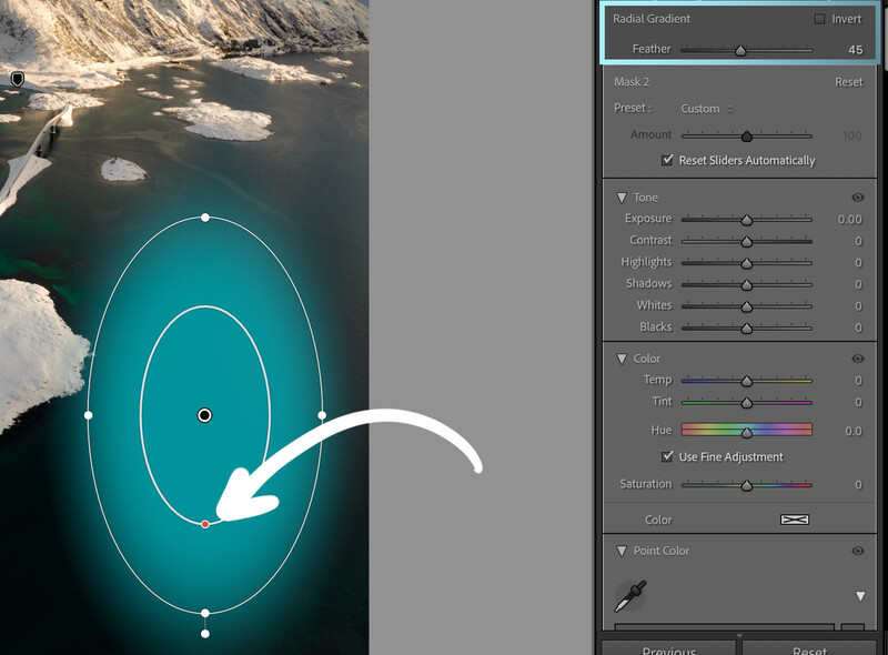 Screenshot of Lightroom's Radial Filter tool applied to an aerial coastal photograph.