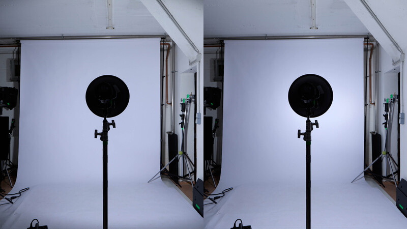 Side-by-side comparison of a photography studio setup with white backdrop and ring light at different exposure or processing levels.