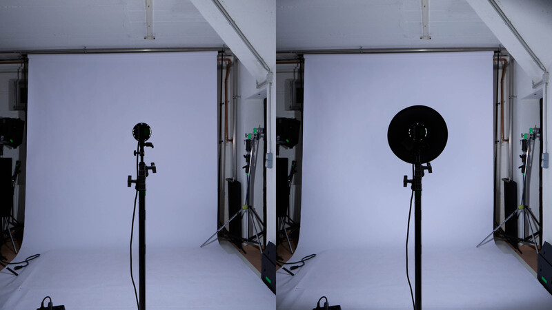 Side-by-side comparison of studio lighting setup showing a reflector and light modifier positions before and after deployment.