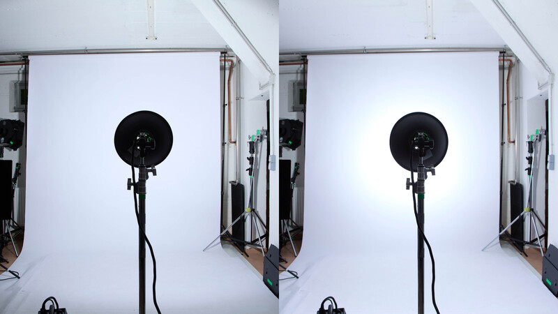 Side-by-side comparison of studio lighting setups with a ring light on a white seamless backdrop.