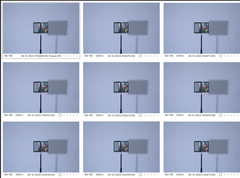 Grid of nine test shots showing a color checker card on a stand with varying shadows and lighting angles.