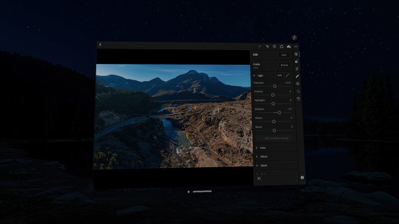 Screenshot of photo editing software displaying a landscape image of mountains and a river with adjustment panels open on the right side.