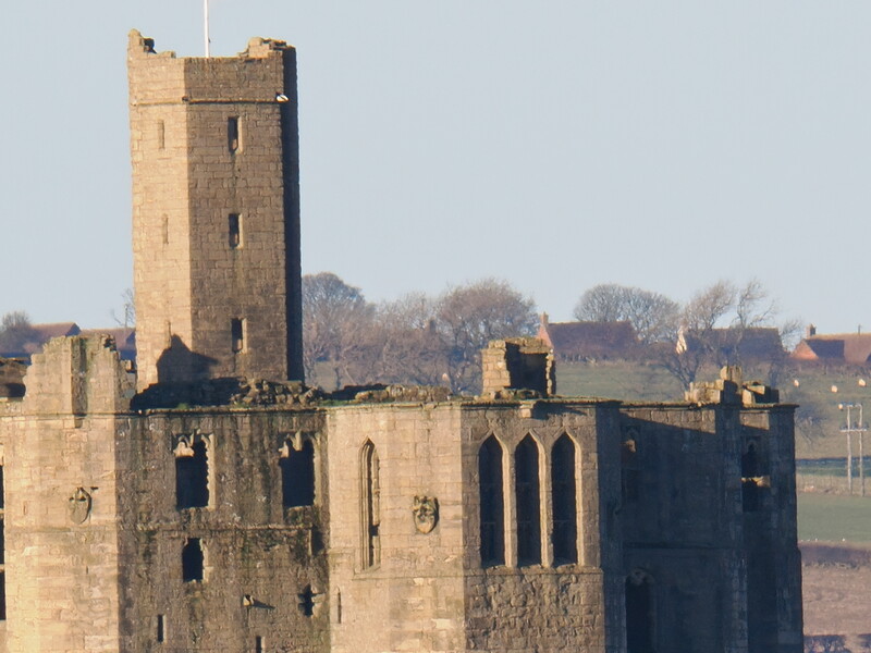 Medieval stone castle tower with crenellations under clear sky, surrounded by bare winter trees and countryside.