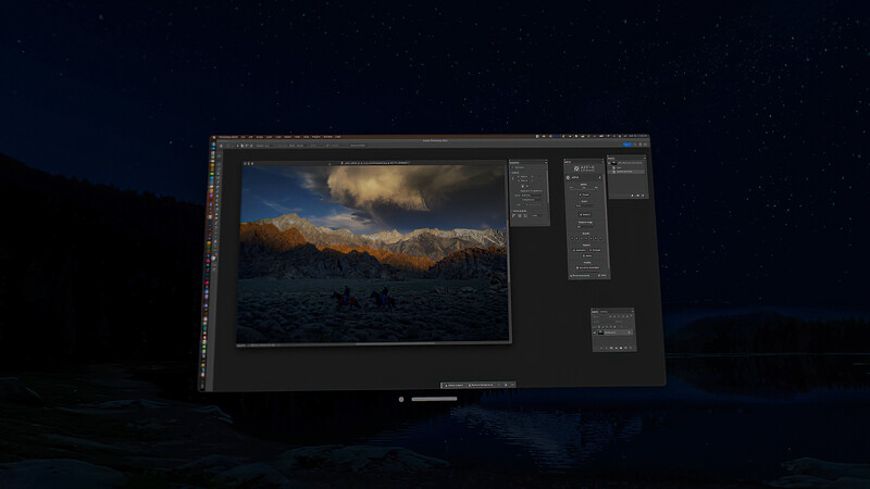 Screenshot of photo editing software displaying a landscape image of snow-capped mountains with dramatic clouds.