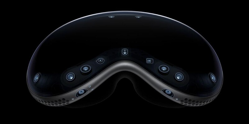 Product shot of a curved VR headset with multiple camera sensors arranged symmetrically across the front and sides.