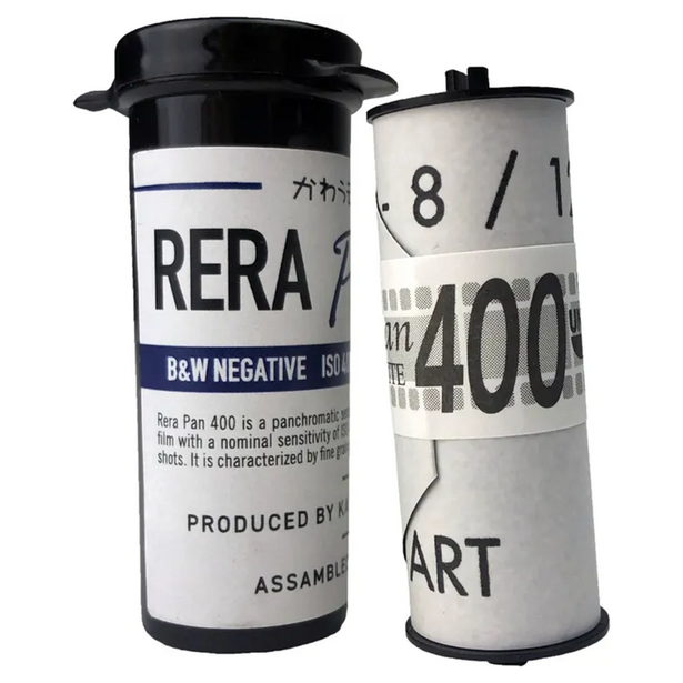 Two film canisters displaying B&W negative ISO 400 and ISO 8/1 labels against a neutral background.