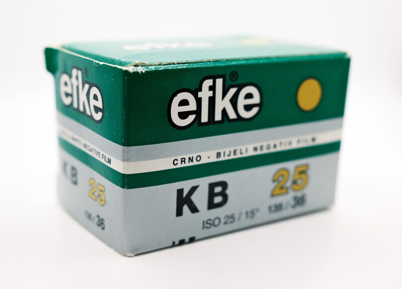 Efke KB 25 film box, green and white packaging with ISO 25 rating visible.