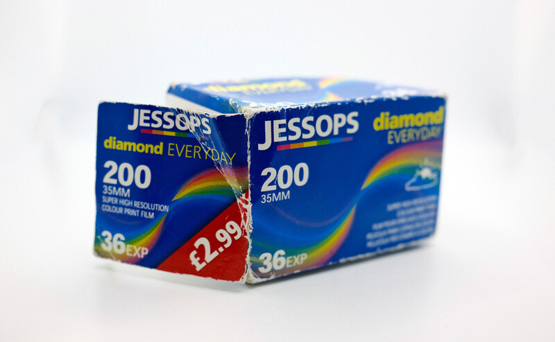 Two vintage Jessops Diamond 200 35mm film boxes with rainbow stripe branding and price label.