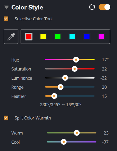 Screenshot of color grading panel with hue, saturation, luminance, range, and feather sliders.