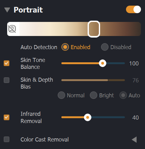 Screenshot of portrait editing software showing skin tone and infrared removal adjustment sliders.