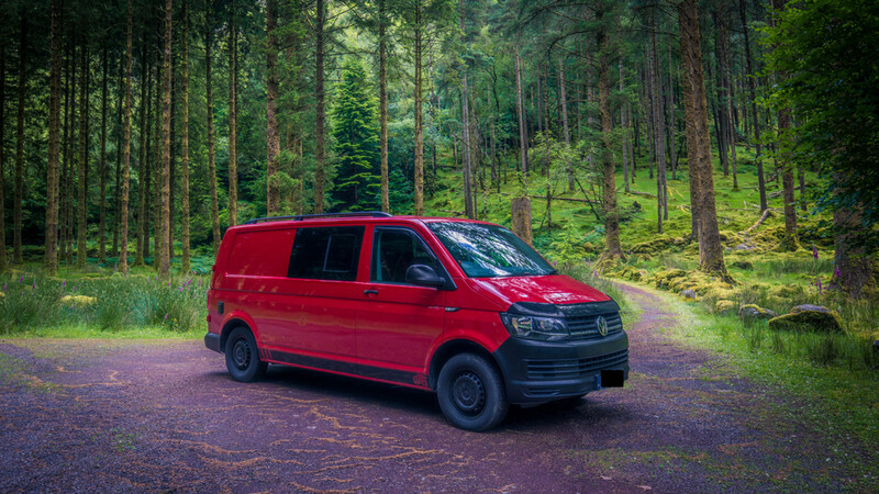 Red Volkswagen van parked on a forest path surrounded by tall evergreen trees.
