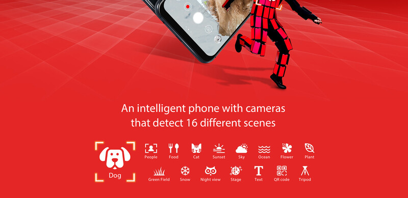 Smartphone with dual cameras displayed against a red background with scene detection icons below.