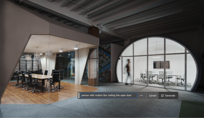 Screenshot of architectural rendering software showing a modern office interior with open workspace and meeting room.